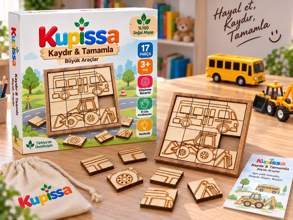 Ahşap Puzzle – İş Makinesi ve Minibüs