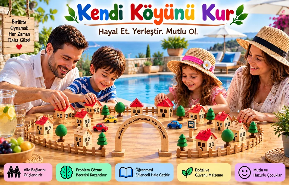 Ahşap Oyuncak Köy Kurma Seti – 16 Ev
